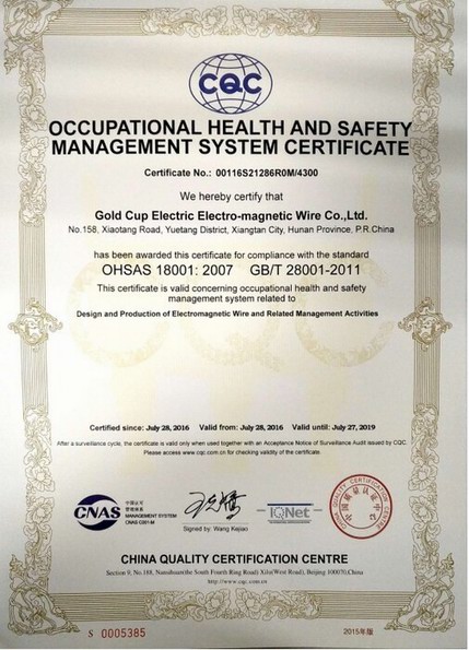 OCCUPATIONAL HEALTH AND SAFETY MANAGEMENT SYSTEM CERTIFICATE.